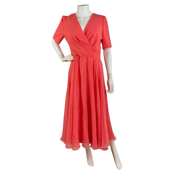 Vintage Dress1980s Special Occasion Chiffon Flair Skirt Flamingo Color Medium - Picture 2 of 7